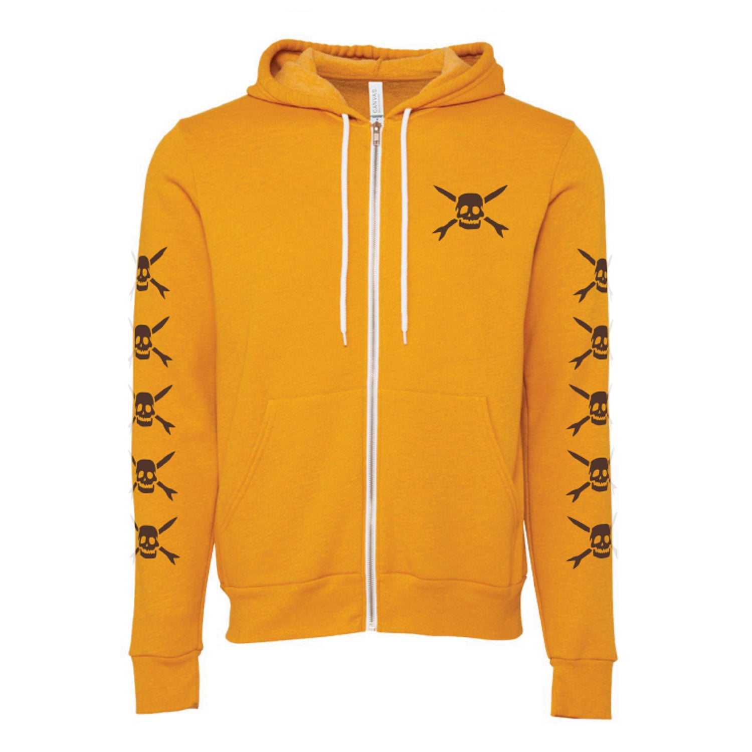 Bright gold Teenage Bottlerocket Zip-Up Hoodie with white drawstrings, black skull and crossbones on both sleeves, and a small matching graphic on the left chest.