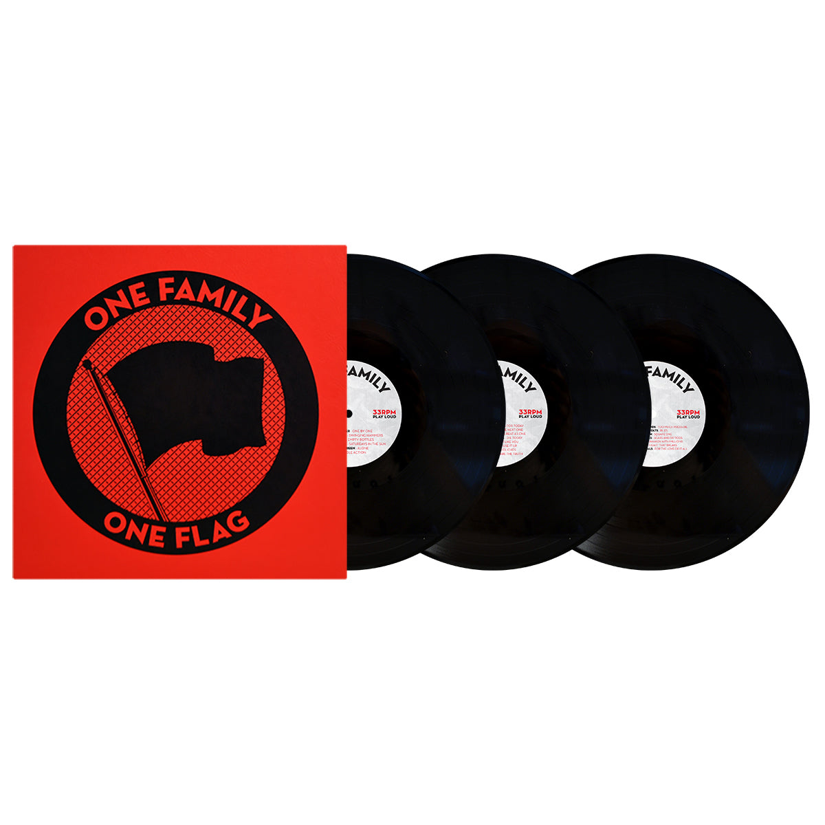 Three black vinyl records are partially stacked behind a red Pirates Press Records album cover. The cover features a black flag and bold text, ONE FAMILY ONE FLAG, reminiscent of classic anthology box sets for music enthusiasts.