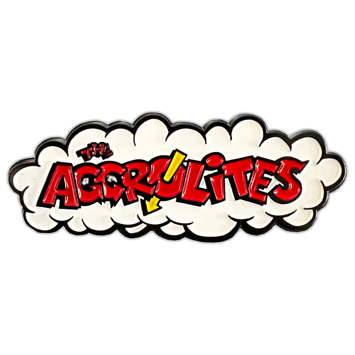 A bold, cartoon-style logo for The Aggrolites features red letters, a yellow exclamation mark, black outlines, and a puffy white cloud background—Chris Shary-inspired and perfect as an enamel pin.