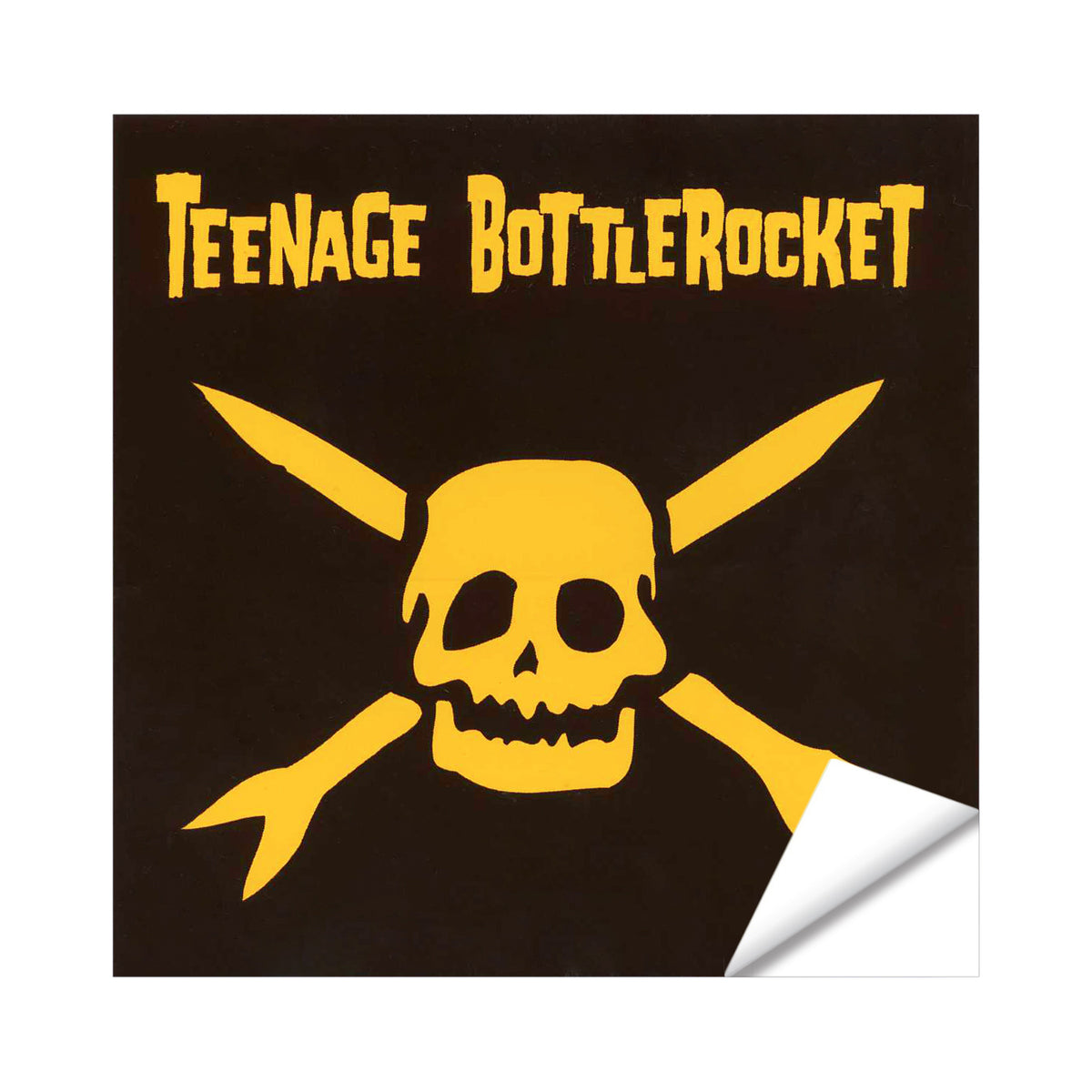 A yellow skull with two crossed rockets is centered on black, with “Teenage Bottlerocket” in bold yellow text above. The lower corner of this eye-catching Teenage Bottlerocket vinyl sticker is curled up.