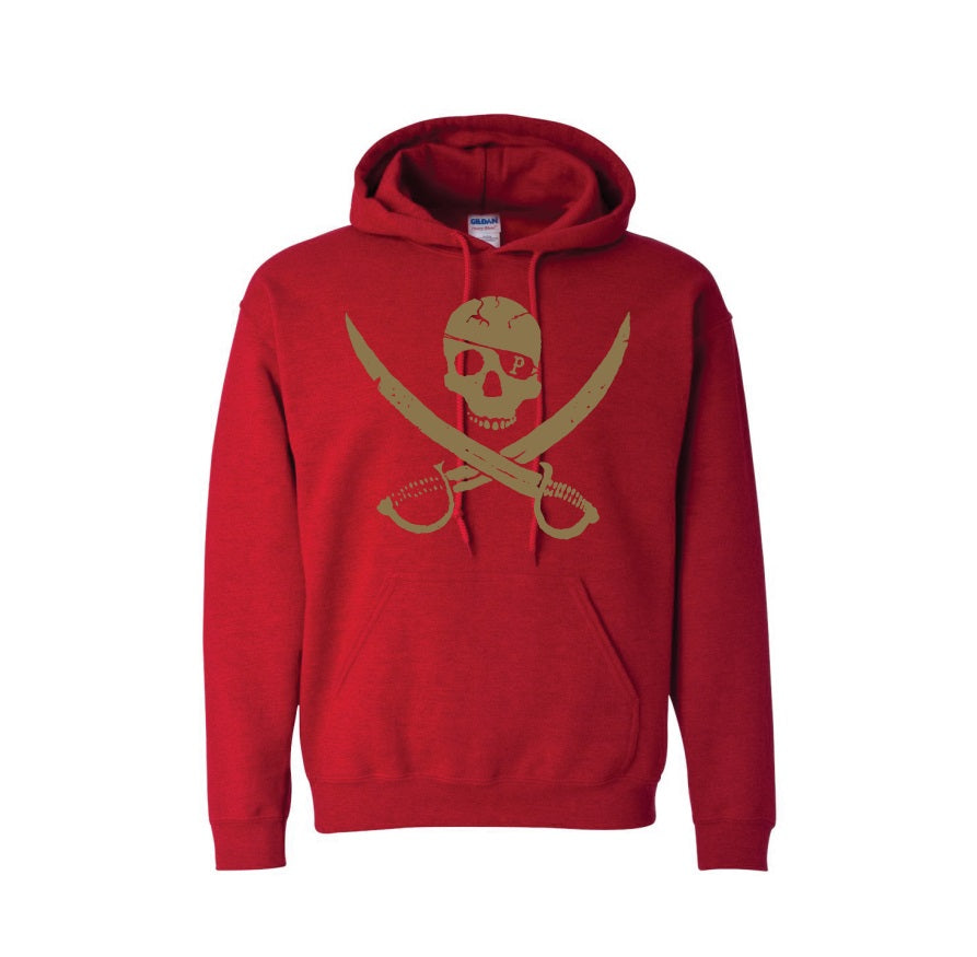 A bold red pullover hoodie from Pirates Press Records features a gold skull with a cracked forehead above two crossed swords—a classic pirate-inspired logo.