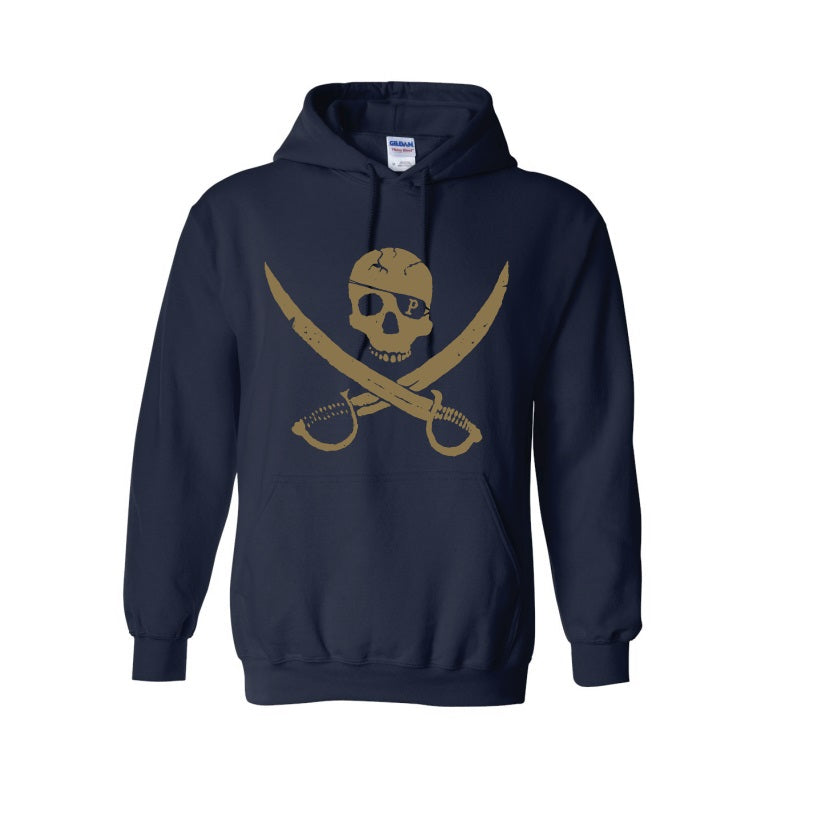 Navy blue pullover hoodie by Pirates Press Records, featuring a bold gold skull and crossed swords pirate logo on the front.