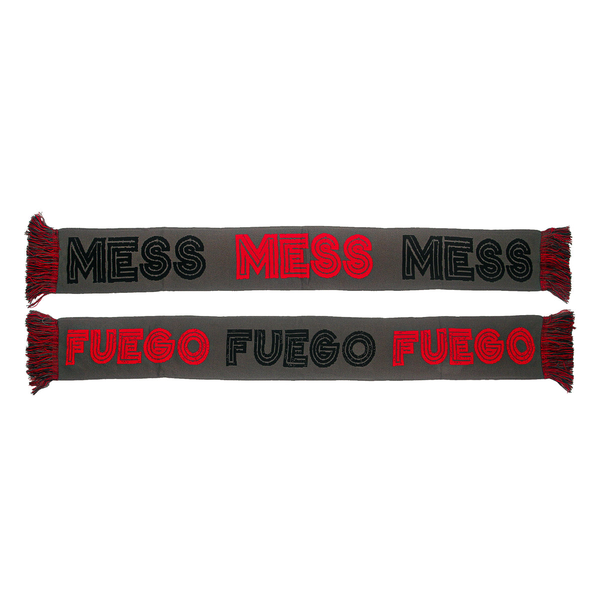 A stylish gray Mess scarf with red and black fringes, featuring &quot;Mess&quot; in bold black and red on one side and &quot;Fuego&quot; in vivid red and black on the other.