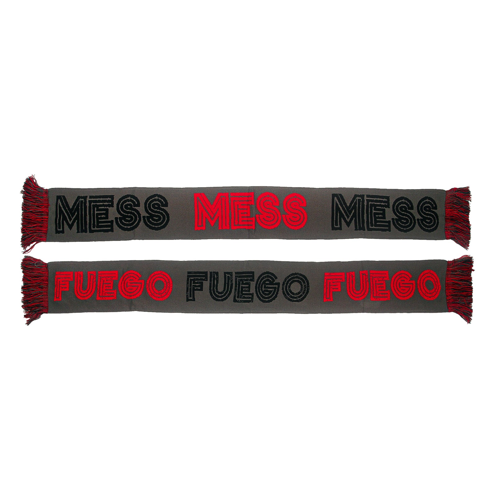 A stylish gray Mess scarf with red and black fringes, featuring "Mess" in bold black and red on one side and "Fuego" in vivid red and black on the other.