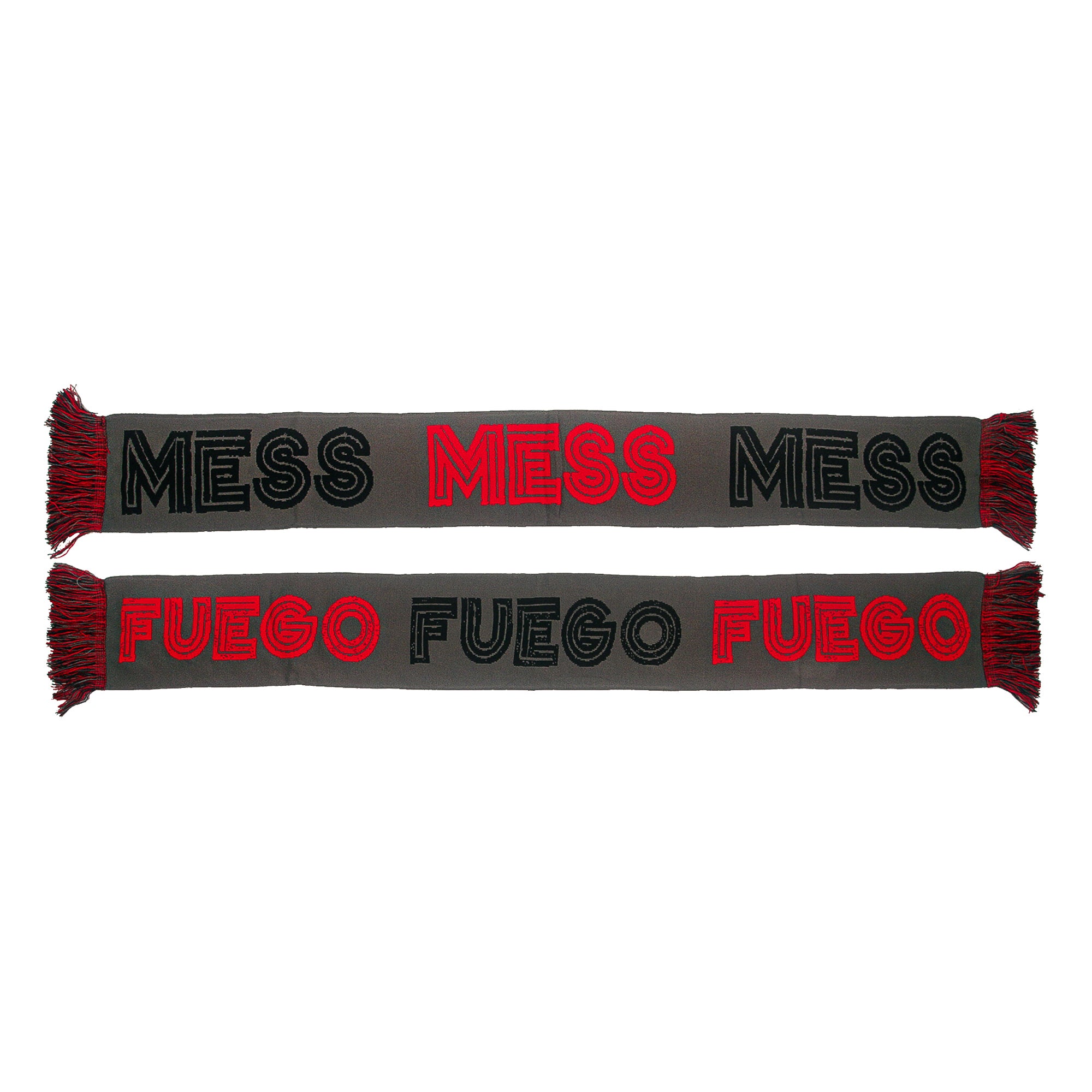 A stylish gray Mess scarf with red and black fringes, featuring "Mess" in bold black and red on one side and "Fuego" in vivid red and black on the other.