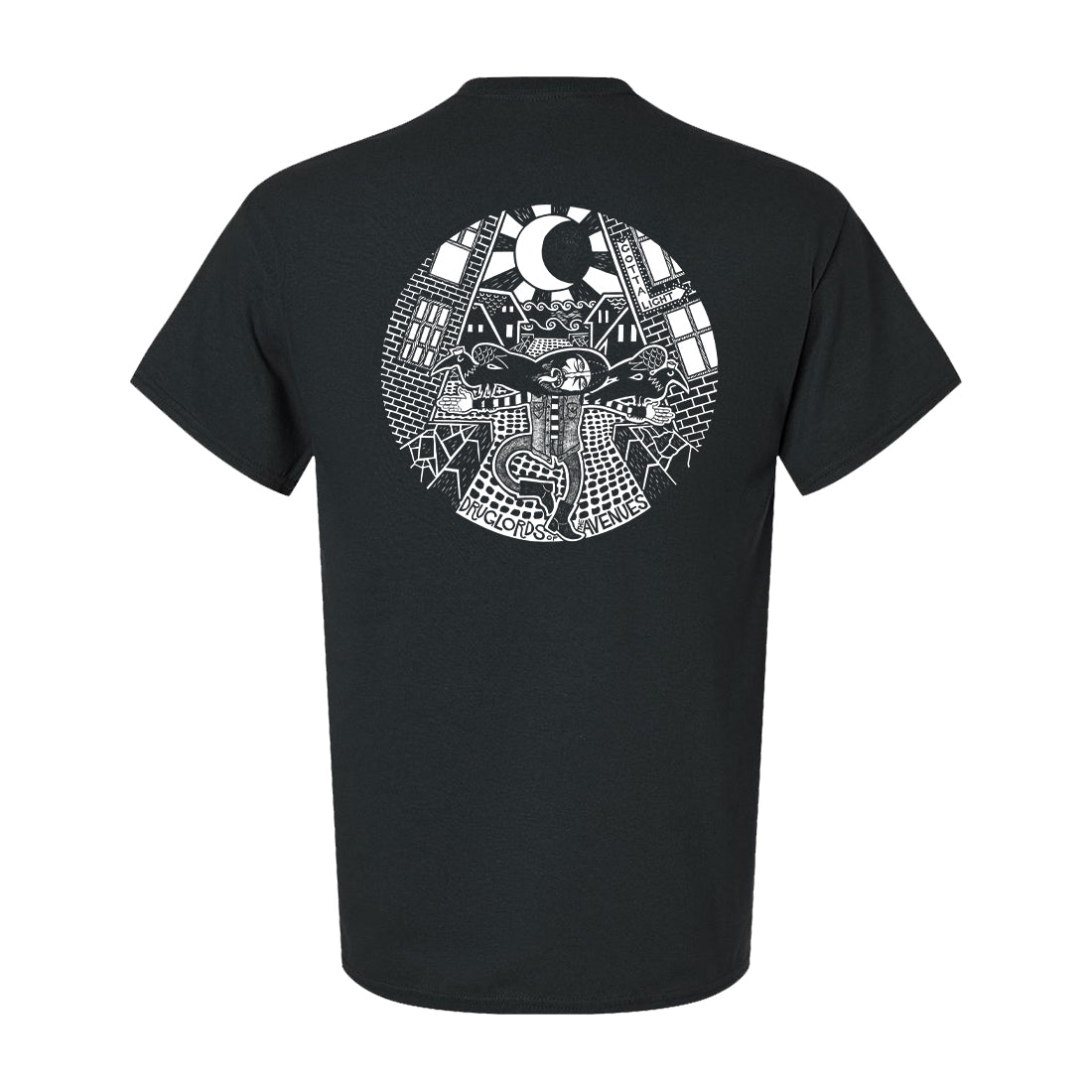 Black T-shirt by Druglords of The Avenues with a white circular graphic on the back featuring an abstract cityscape, crescent moon, and geometric shapes. “Happy Bastards” is printed at the bottom.