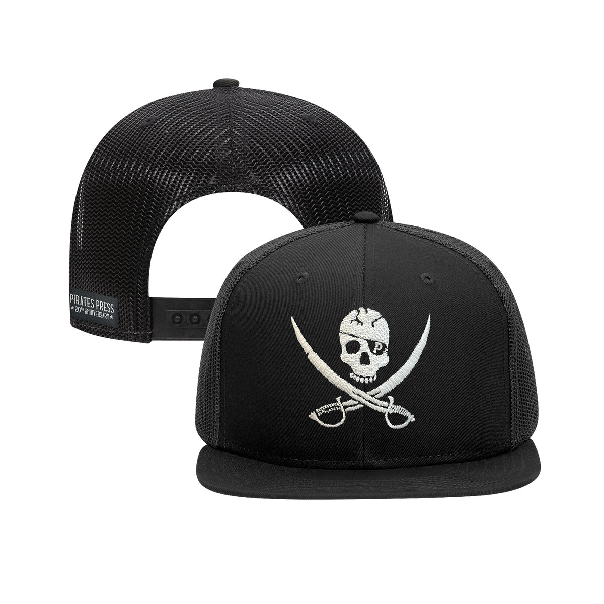 A black Pirates Press Records snapback hat featuring a white skull and crossed swords on the front, with a mesh back, adjustable strap, and a special 20th Anniversary patch for extra flair.