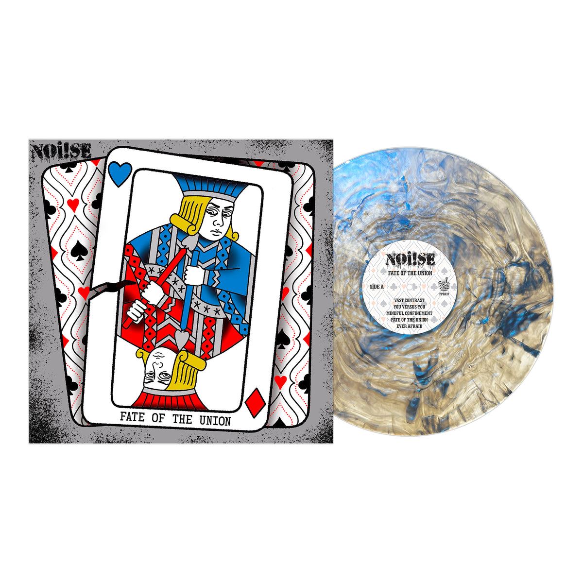 A marbled blue, white, and gold vinyl by NOi!SE rests beside its album cover—a playing card king with a heart—titled Fate of the Union, capturing the Pacific Northwest streetpunk energy.