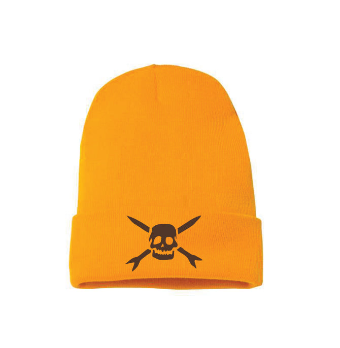 A bright orange knit beanie by Teenage Bottlerocket, featuring a black skull and crossbones logo with crossed arrows on the folded brim.