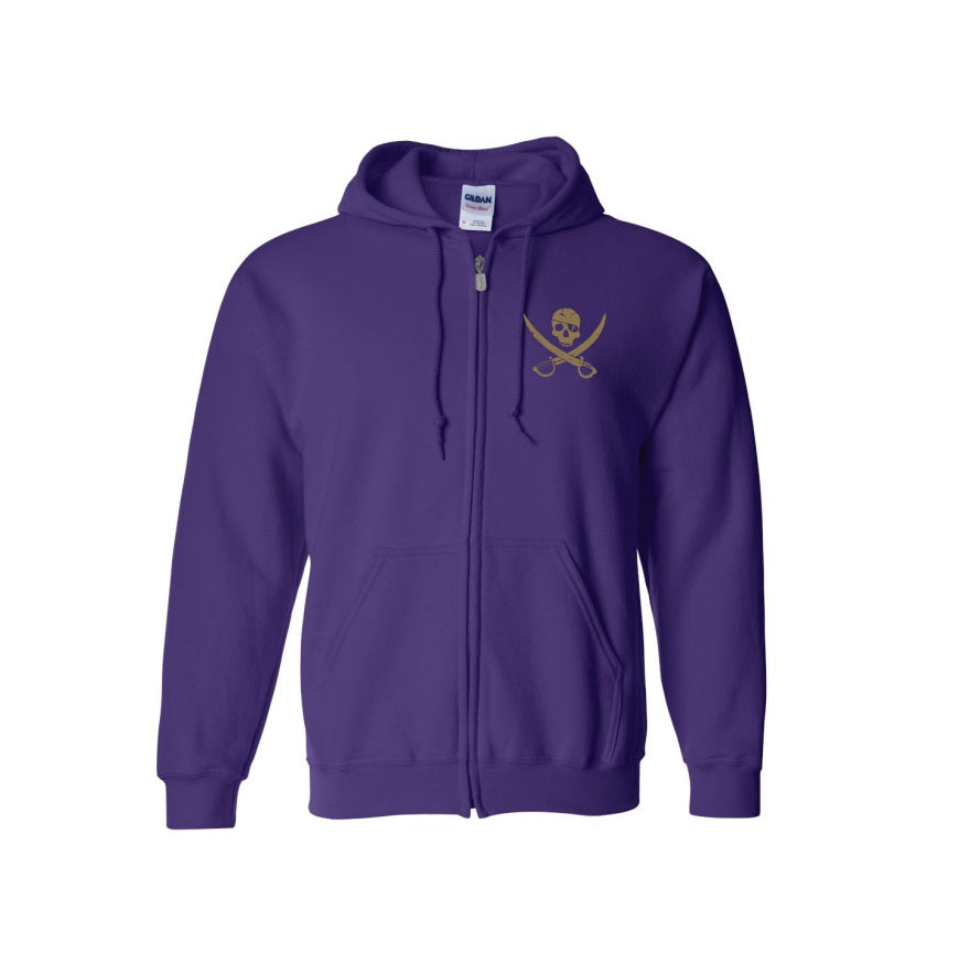 A purple Pirates Press Records zip-up hoodie features a gold skull and crossed swords emblem on the upper left chest—a bold, stylish pick for any fan.