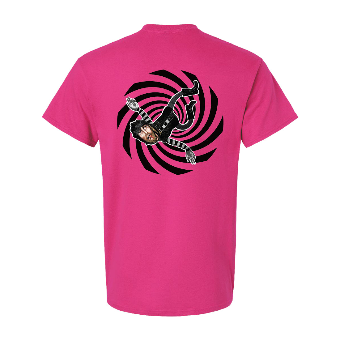 A vibrant pink Heliconia T-Shirt by Druglords of The Avenues features a back graphic of a person in black attire and helmet, appearing to fall, set against bold swirling black spiral lines.