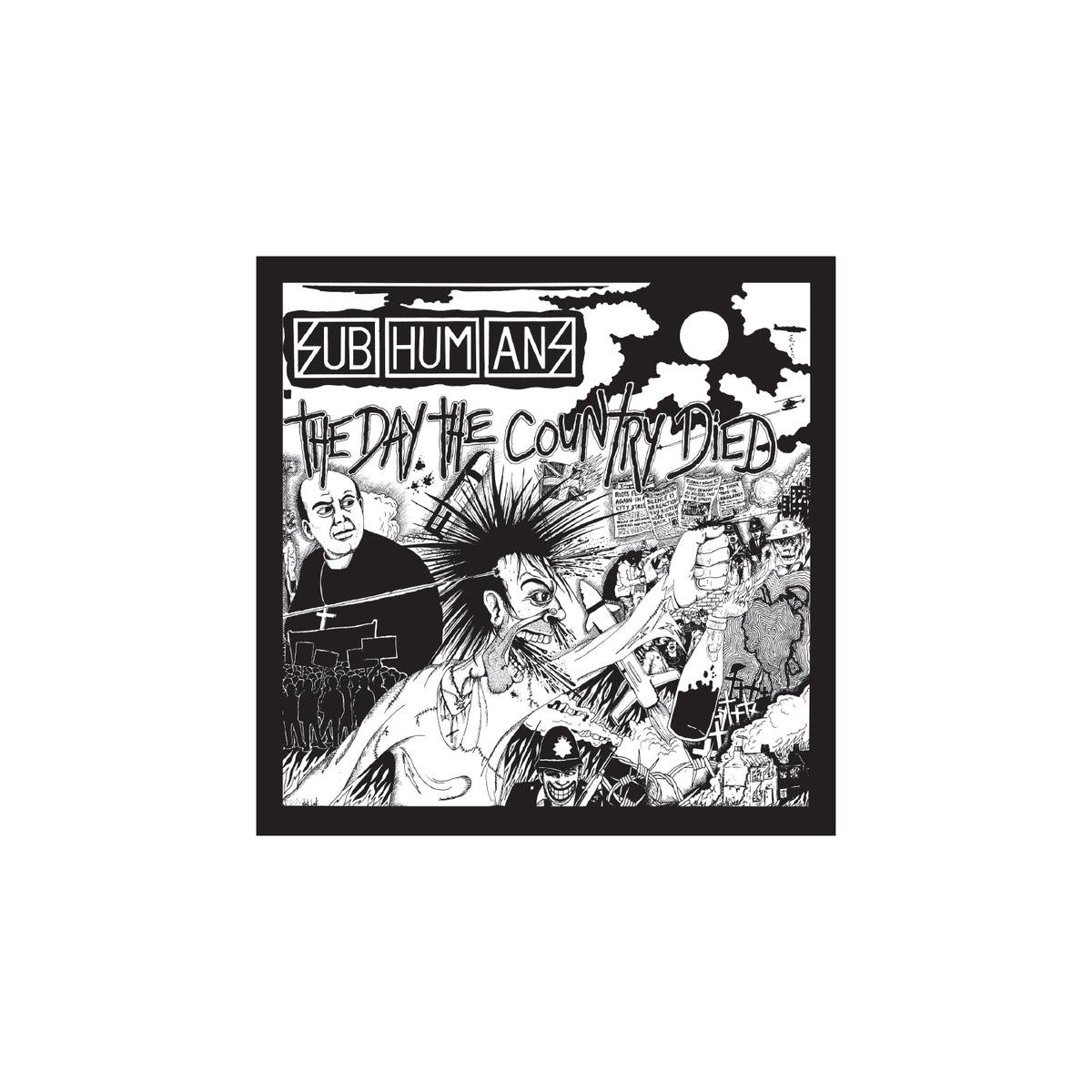 Subhumans’ “The Day The Country Died” vinyl sticker features black and white cartoon-style cover art with a punk mohawked figure, graves, and a full moon—perfect for fans of the iconic album.