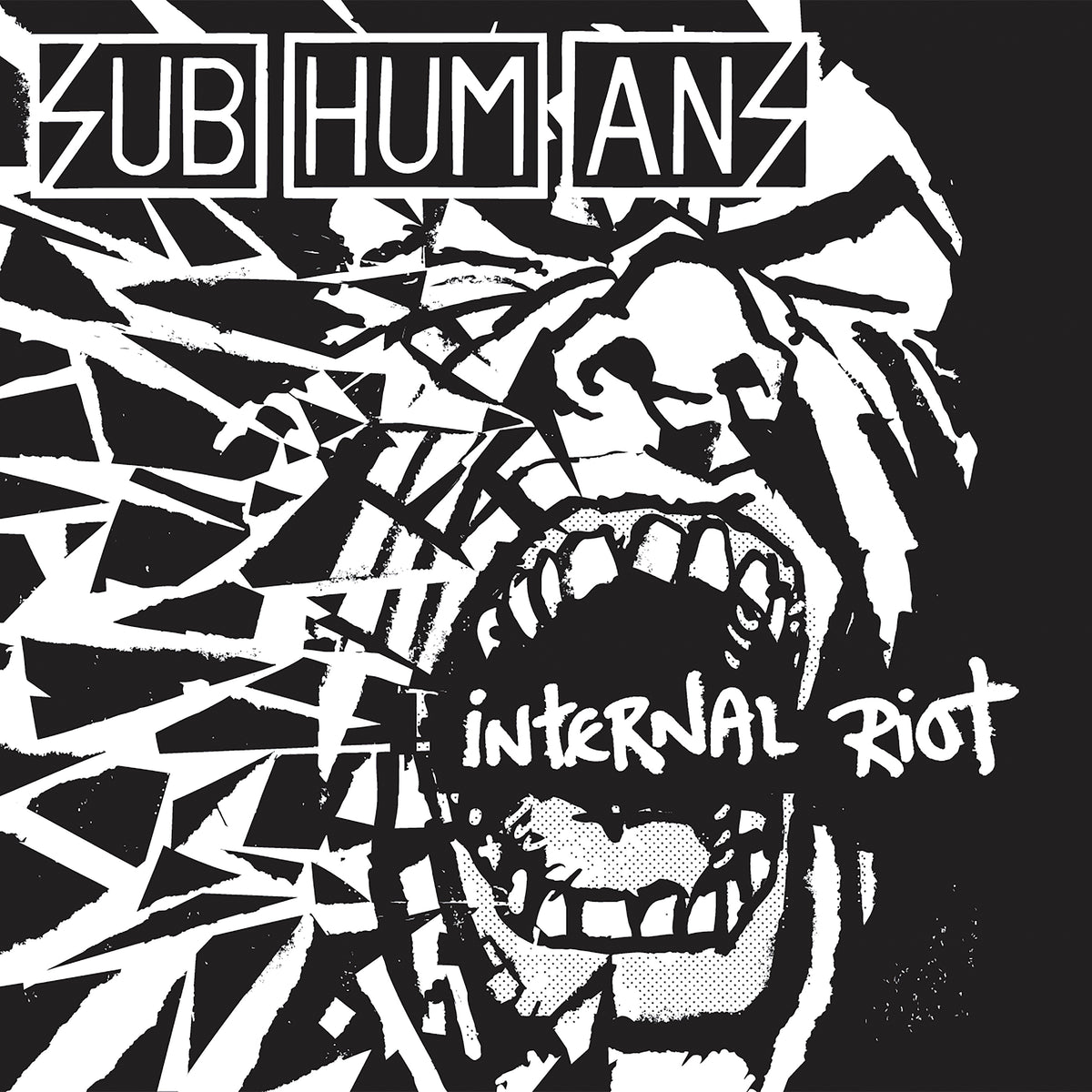 Black and white vinyl LP featuring jagged shapes, a stylized yelling face, &quot;Subhumans&quot; at the top, and &quot;INTERNAL RIOT&quot; in bold across the center. Brand: Subhumans.