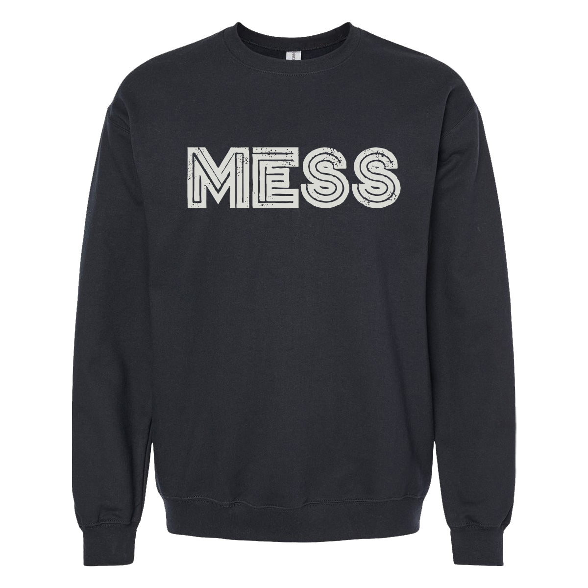 A black Mess Softstyle crewneck sweatshirt featuring MESS in large, bold, white outlined Off White ink on the front—a standout logo design for any casual outfit.