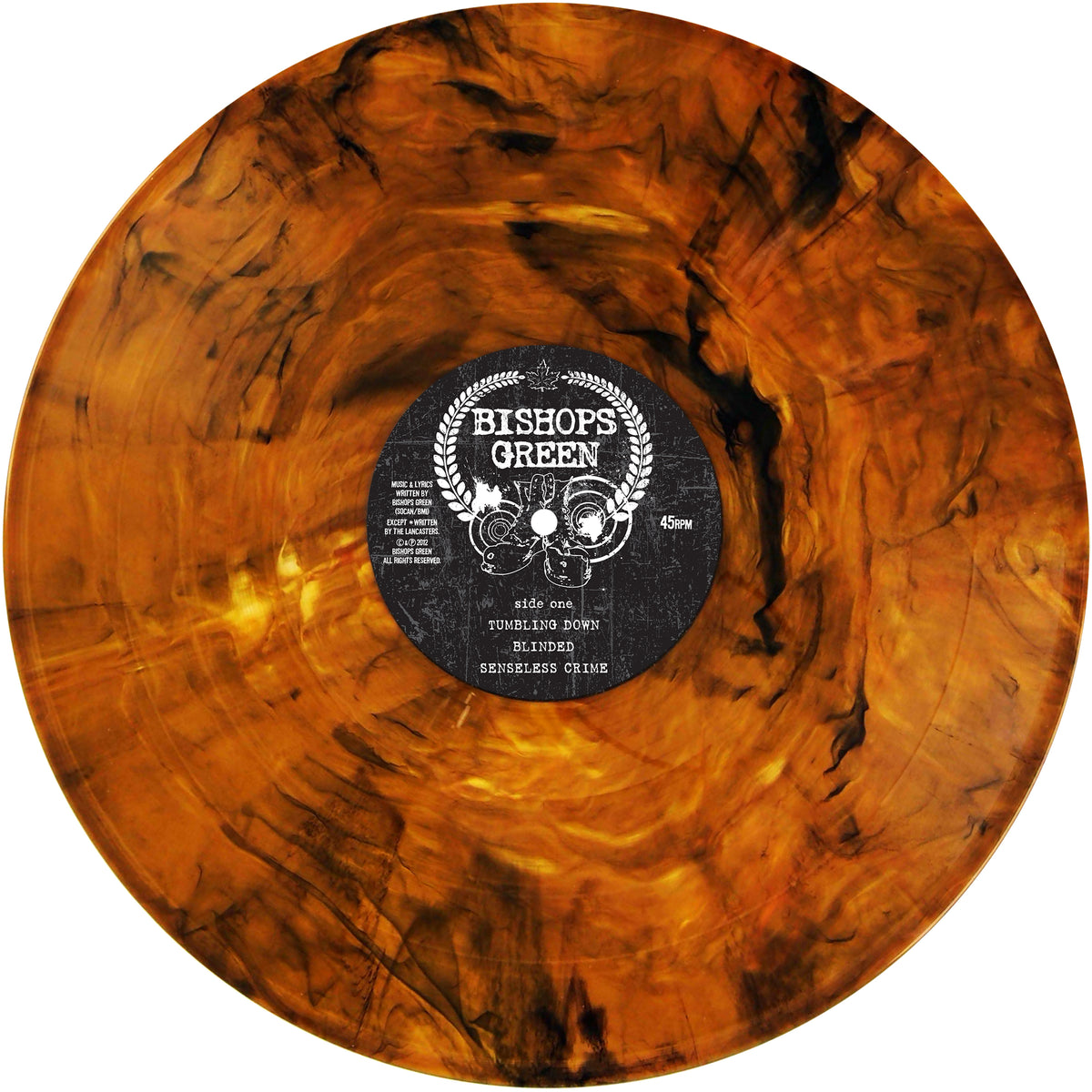 A marbled orange-and-black vinyl record by Bishops Green features a central label listing Tumble Down, Blinded, and Senseless Crime, surrounded by laurel graphics.