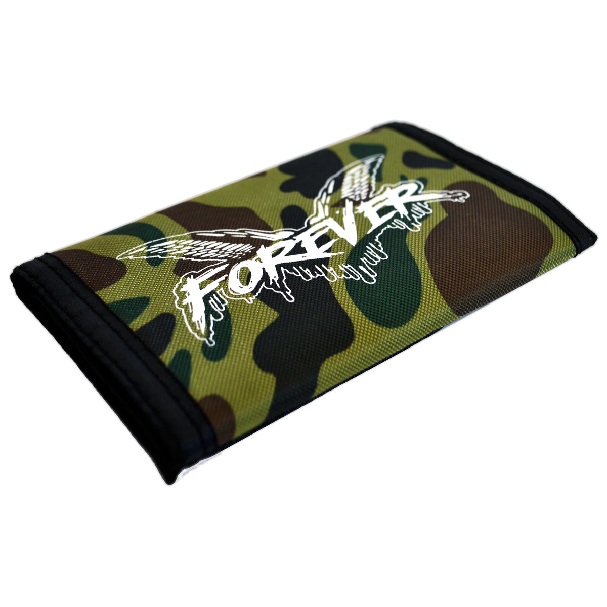 A camo trifold wallet by Cock Sparrer, featuring a green and brown camouflage pattern, black edges, and the FOREVER logo in white graffiti-style text with wings on the front.