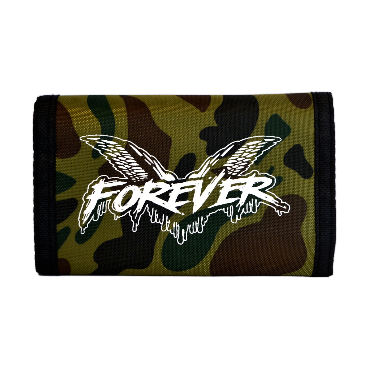 A Cock Sparrer camo trifold wallet with black trim, featuring a bold white Forever logo and outlined wings—perfect for fans.