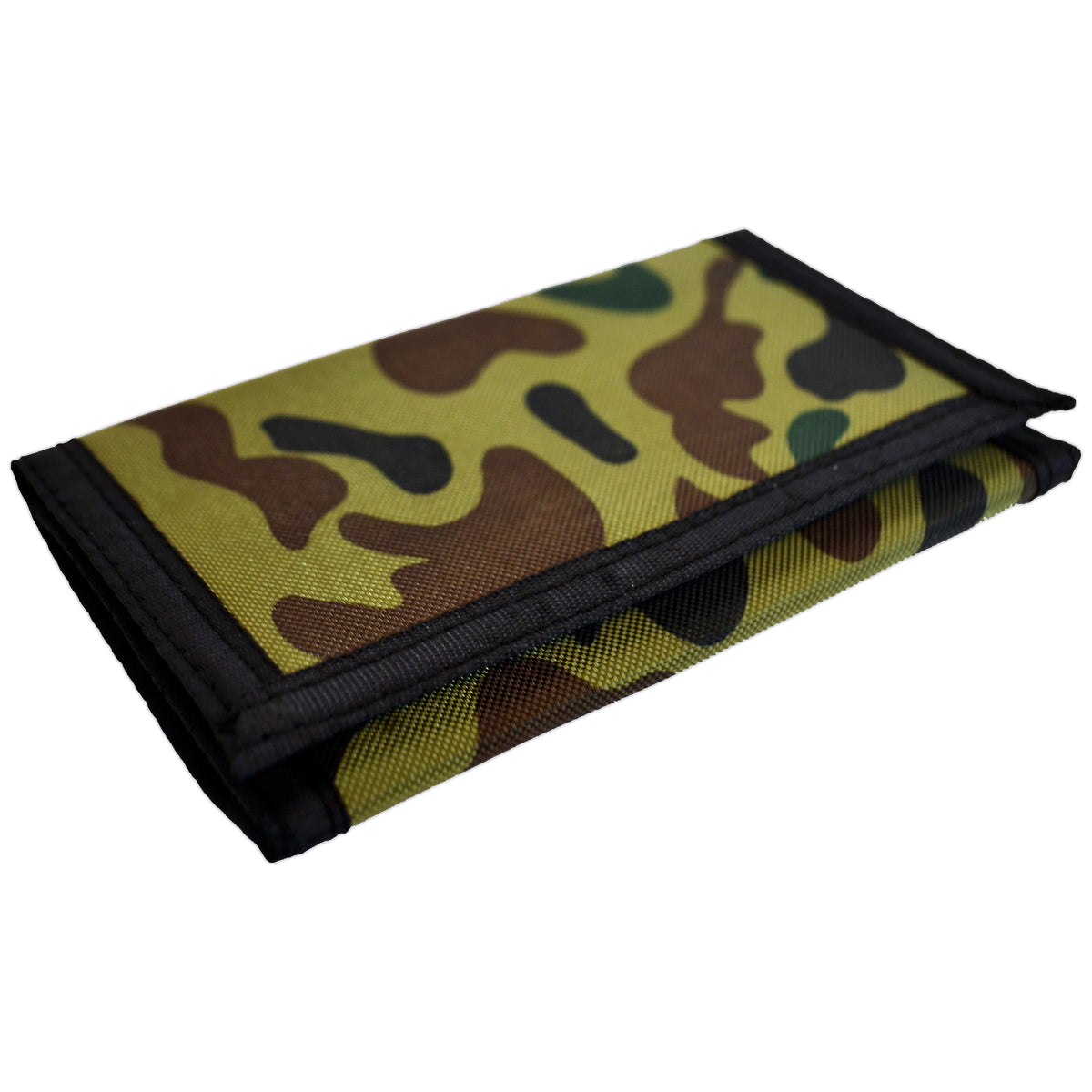 A Cock Sparrer camo trifold wallet with a green, brown, and black camouflage pattern and black trim, shown on a white background.