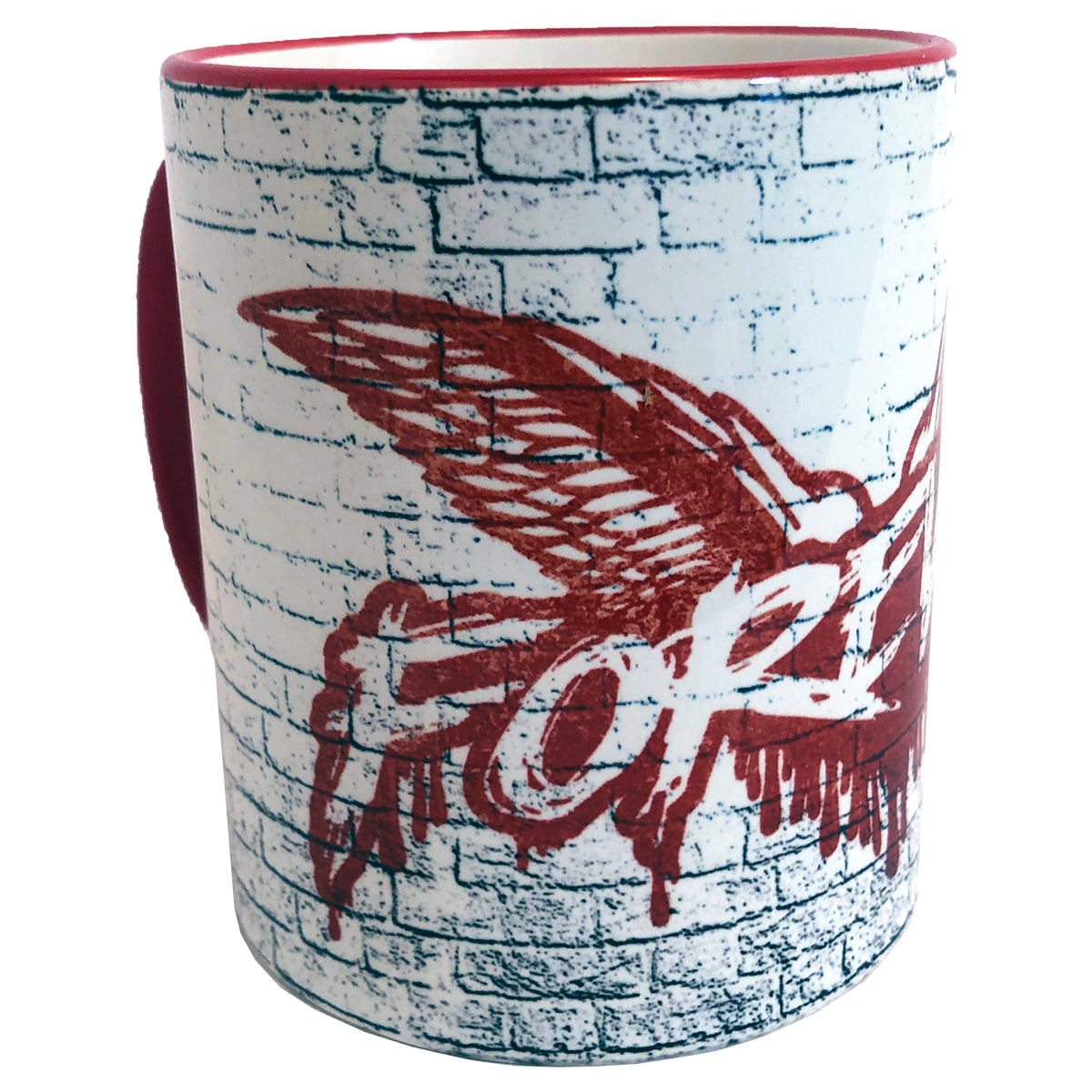 The Cock Sparrer 11oz ceramic mug features a red wing and FOREVER in graffiti on a brick wall, with a red handle and rim—ideal for fans and collectors.