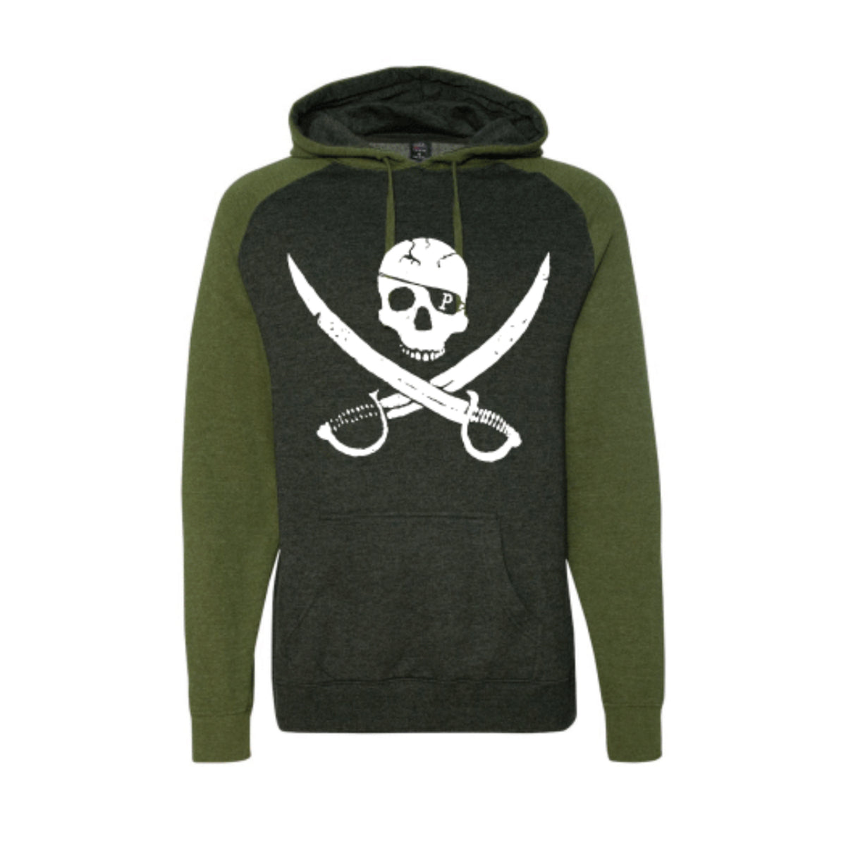 A dark green Pirates Press Records hoodie with lighter green sleeves, featuring their white skull and headband Pirate Flag Logo with crossed sabers printed on the chest.