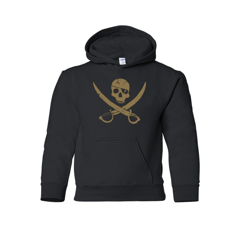 Show your bold style with the Pirates Press Records youth pullover hoodie—black with a gold skull and crossed swords pirate logo on the front. Perfect for young fans of adventurous, standout looks.
