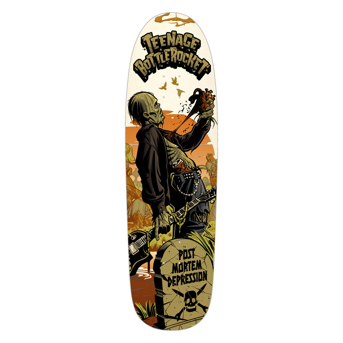 This limited edition Teenage Bottlerocket skate deck features a zombie clutching a heart with a guitar on its back, Post Mortem Depression on a gravestone, and the bands name in bold, jagged lettering across the top.