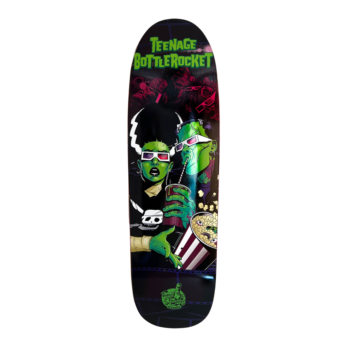 This Teenage Bottlerocket skateboard deck showcases a bold comic-style graphic of two green-skinned characters in 3D glasses with popcorn and drinks—an eye-catching choice for any Birthday Bash!.