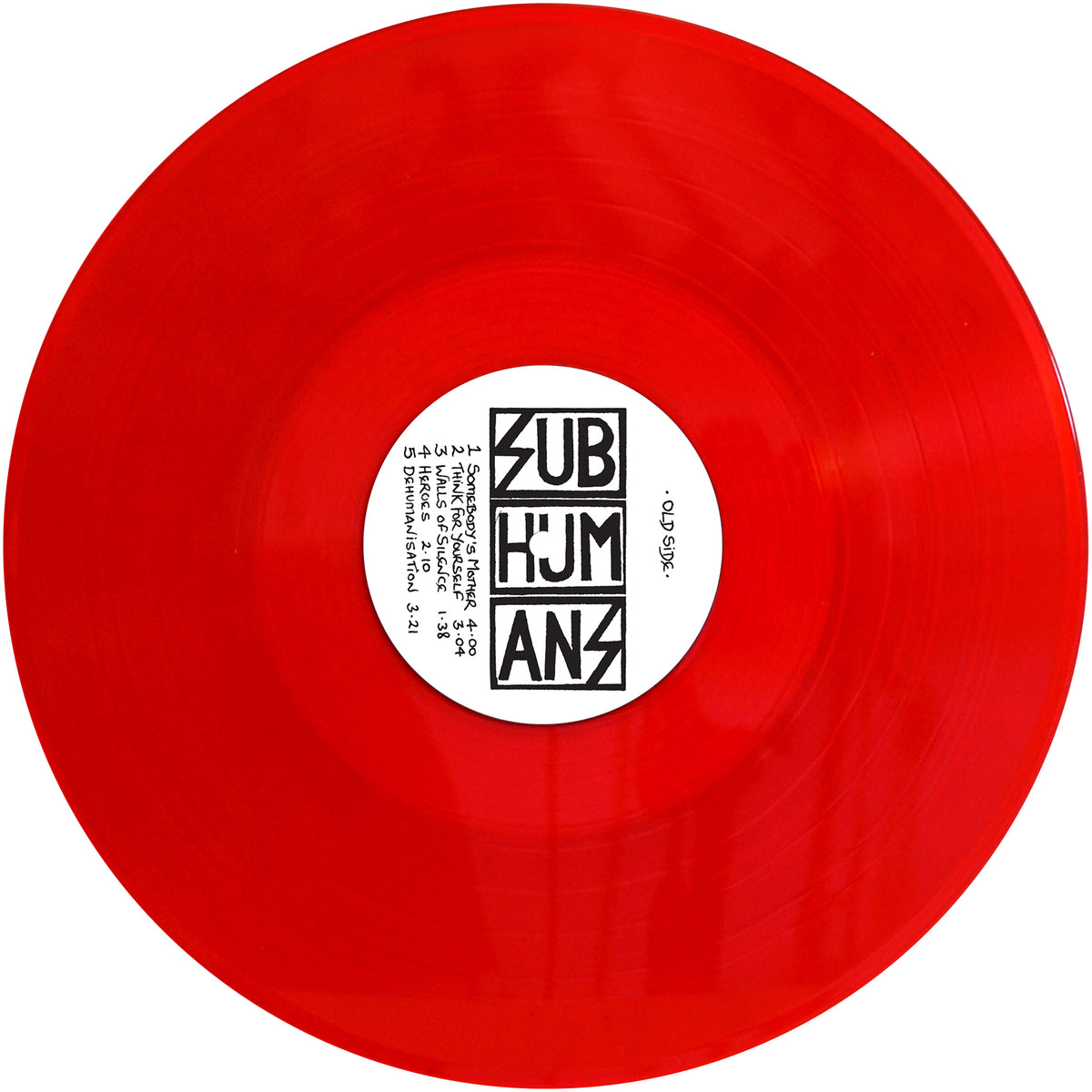A vivid red Subhumans Vinyl LP with a white center label displaying bold black geometric Subhumans text and a small-print Split Vision tracklist encircling the label.