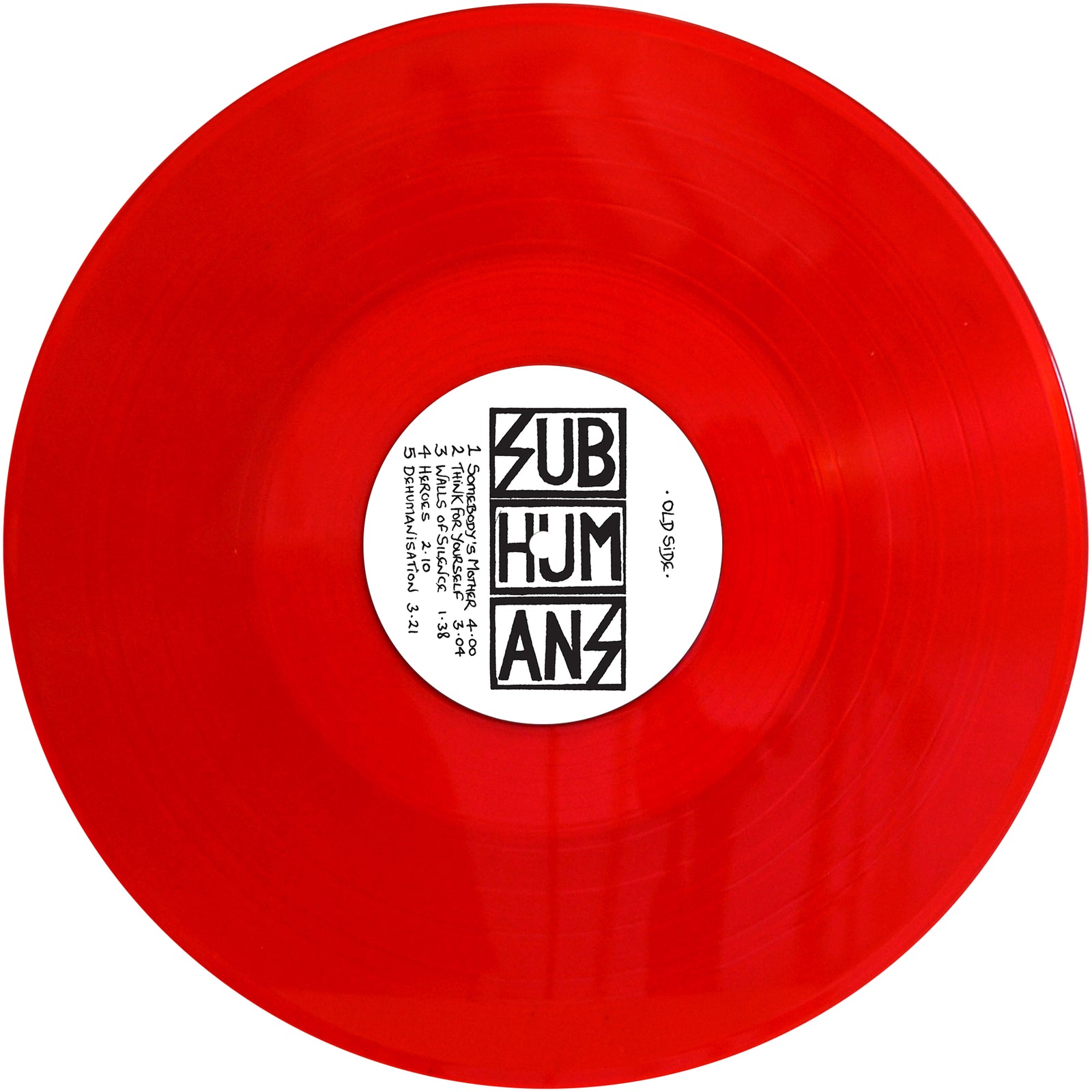 A vivid red Subhumans Vinyl LP with a white center label displaying bold black geometric Subhumans text and a small-print Split Vision tracklist encircling the label.