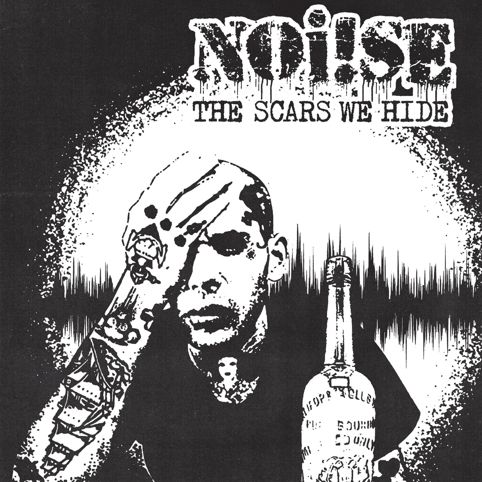 Black and white illustration of a tattooed person holding their head beside a LIQUOR SELLER bottle, with NOi!SE and The Scars We Hide above on a soundwave—art from the re-mastered debut LP by NOi!SE.