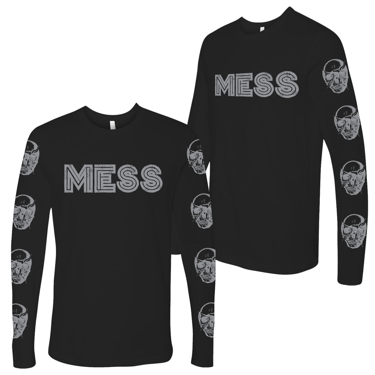 Two black long-sleeve shirts by Mess from the Under Attack collection, with bold outlined “MESS” text and sleeves featuring repeating white helmeted faces. Designed for comfort similar to Warm Grey tees or Next Level 3600 styles.