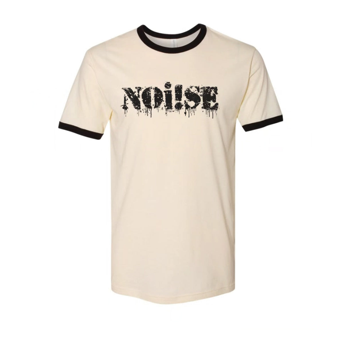 NOi!SE cream ringer tee featuring a bold, distressed band logo and dripping paint effect across the chest.