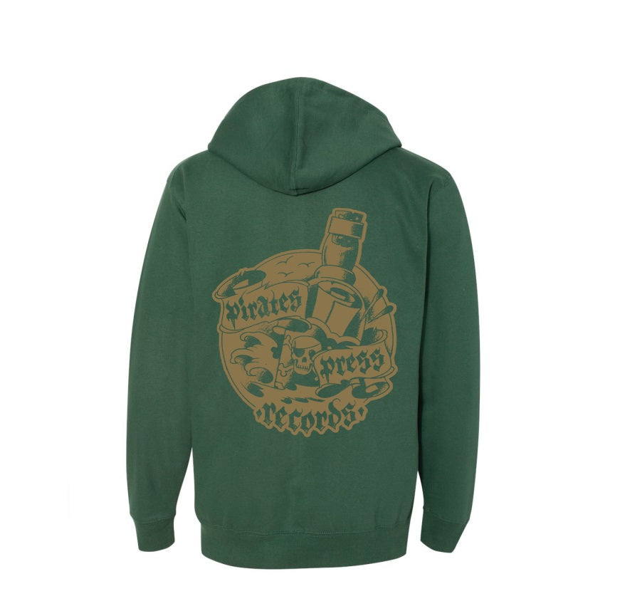 A green hoodie by Pirates Press Records with a large tan pirate-themed graphic on the back, showcasing a skull, crossed swords, a scroll, and the text &quot;Pirates Press Records.