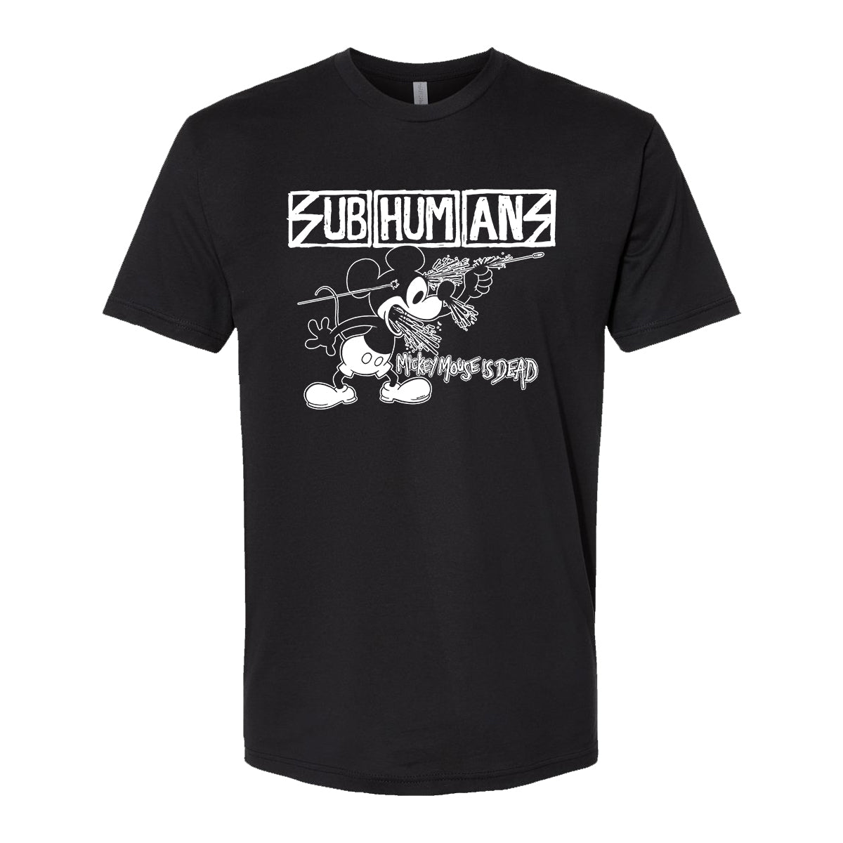 Subhumans black T-shirt with white Chris Shary graphics: SUBHUMANS above a cartoon mouse holding a gun to its head and Mickey Mouse is Dead boldly across the body. Brand: Subhumans.