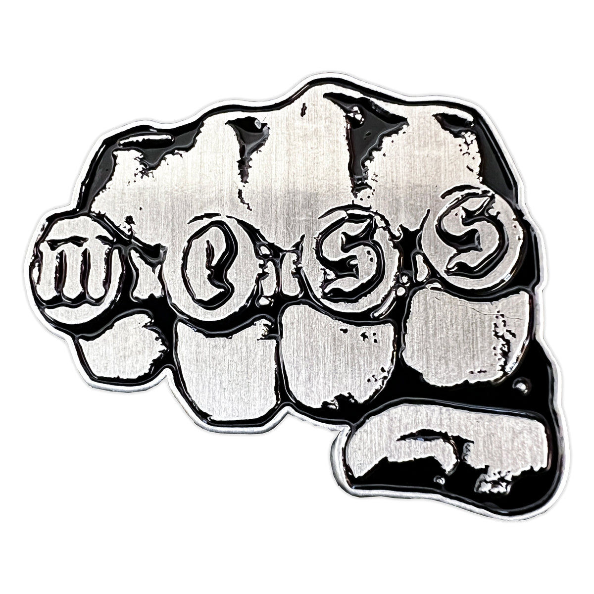 Mess presents a metallic enamel pin featuring a fist design with MESS across the knuckles in a stylized font. The antique silver finish gives it a bold look on the black background, making the silver letters pop.