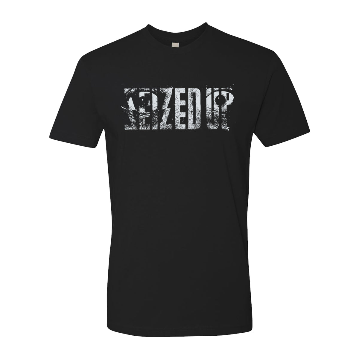 A black Seized Up T-shirt (Next Level 3600) with KIZEDUP in bold, distressed white letters and two eyes in the design, inspired by the classic Seized Up logo shirt.