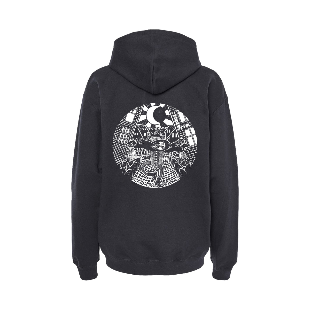 A black pullover hoodie by Druglords of The Avenues, featuring a white circular line-art graphic on the back depicting an abstract cityscape, mountains, and a large moon or sun.