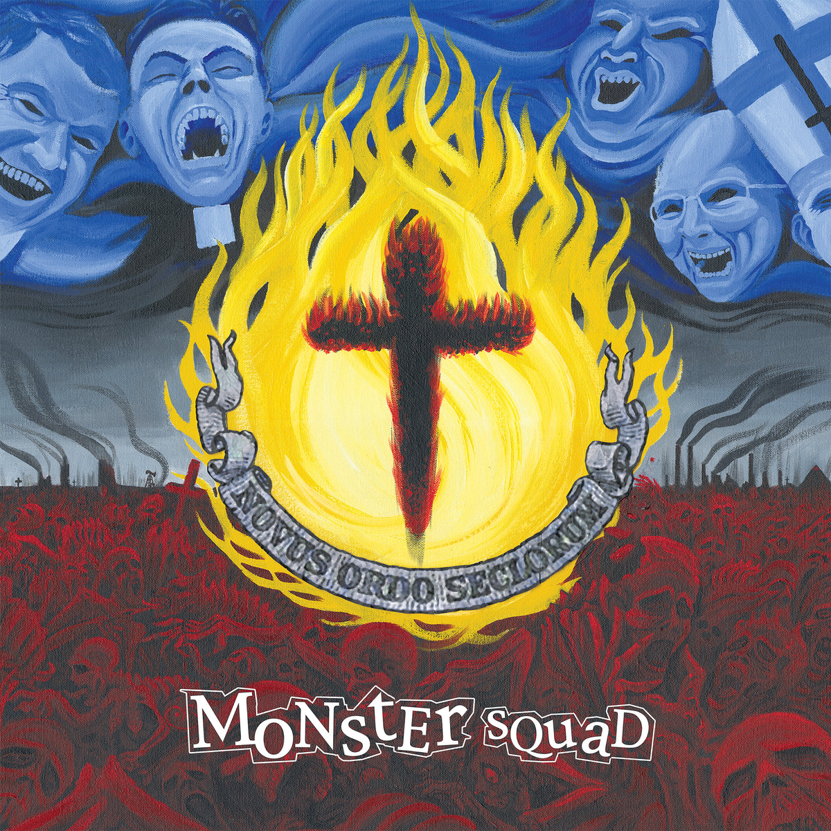 An illustrated album cover features a burning cross encircled by flames and a grey ribbon, with Monster Squad and Fire The Faith beneath. Grim faces scream in the background, above a sea of red skulls in the foreground.