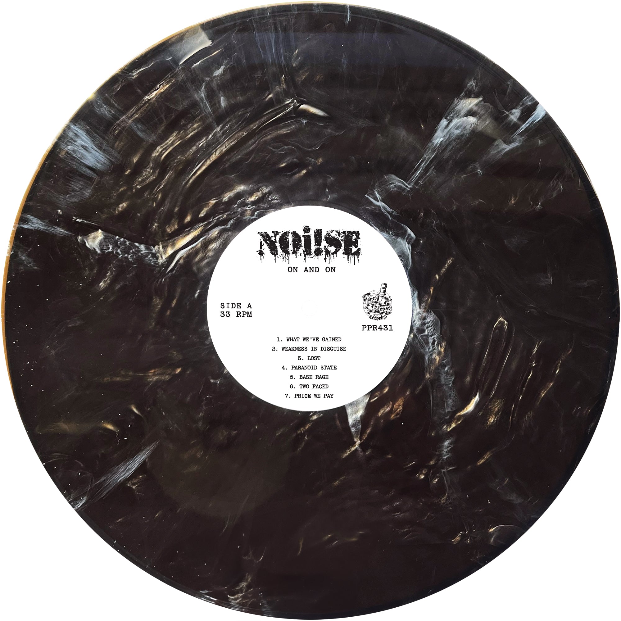 A black and white marbled vinyl from NOi!SE titled "On and On" features a streetpunk vibe, with Side A showing seven tracks and the NOi!SE logo on the right side of the center label.