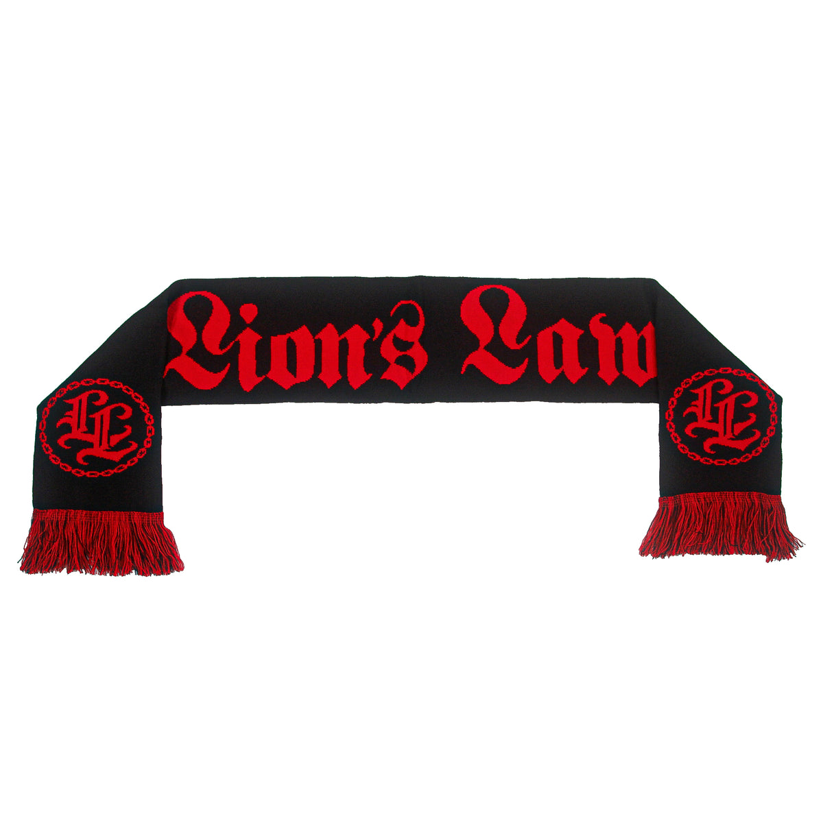 A black Lion&#39;s Law logo scarf with red fringe and bold red “Lion’s Law” text. Each end has a circular “LL” emblem—perfect band merch for any fan.