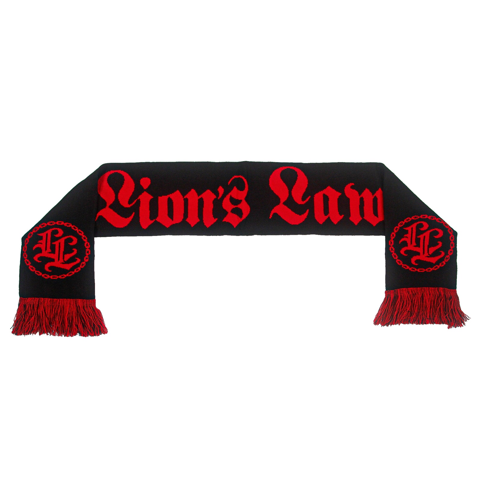 A black Lion's Law logo scarf with red fringe and bold red “Lion’s Law” text. Each end has a circular “LL” emblem—perfect band merch for any fan.