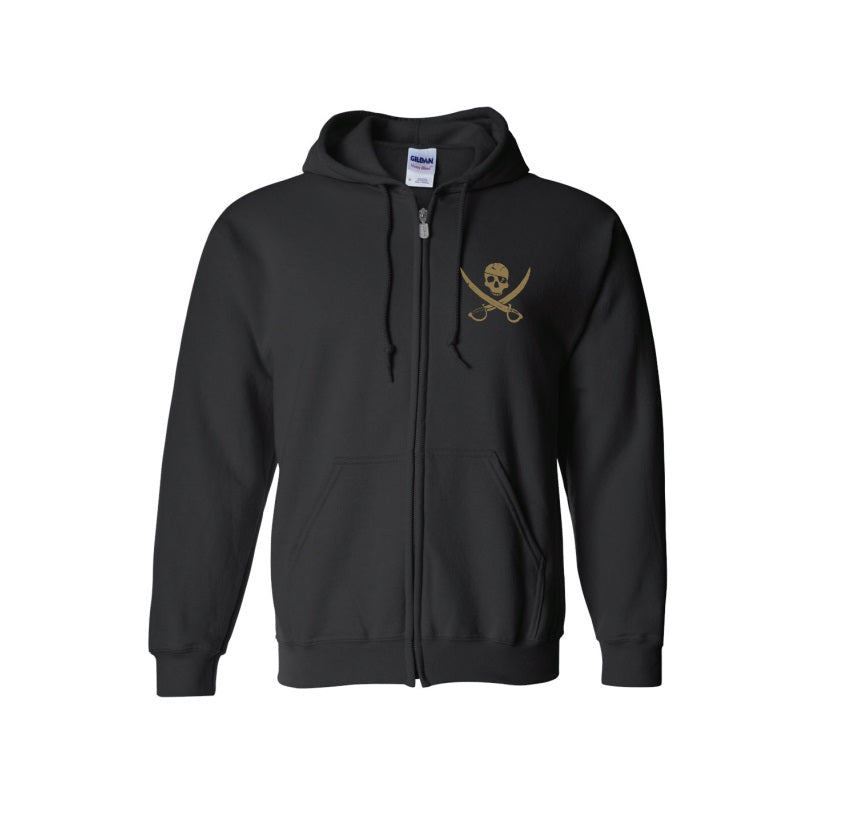 Show your style with this black zip-up hoodie by Pirates Press Records, featuring front pockets, a hood, and a bold gold skull and crossed swords emblem inspired by the label on the left chest.