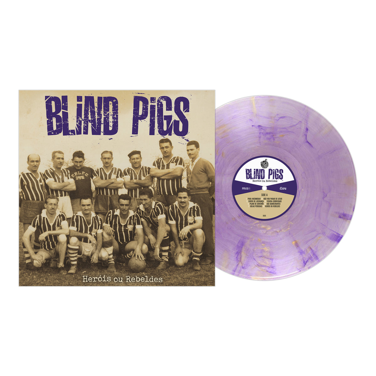 Purple marbled vinyl from Blind Pigs, featuring the Heróis ou Rebeldes Brazilian punk album reissue with a black-and-white vintage soccer team cover.