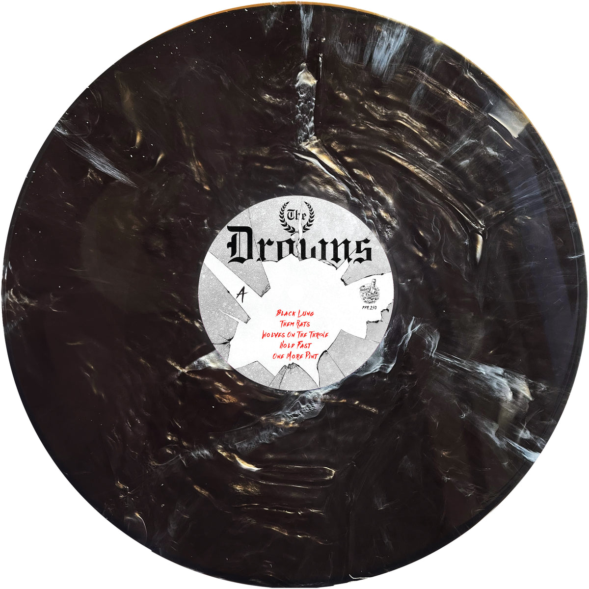 A black and white marbled vinyl record from The Drowns with a central label and a handwritten tracklist in red and black ink.