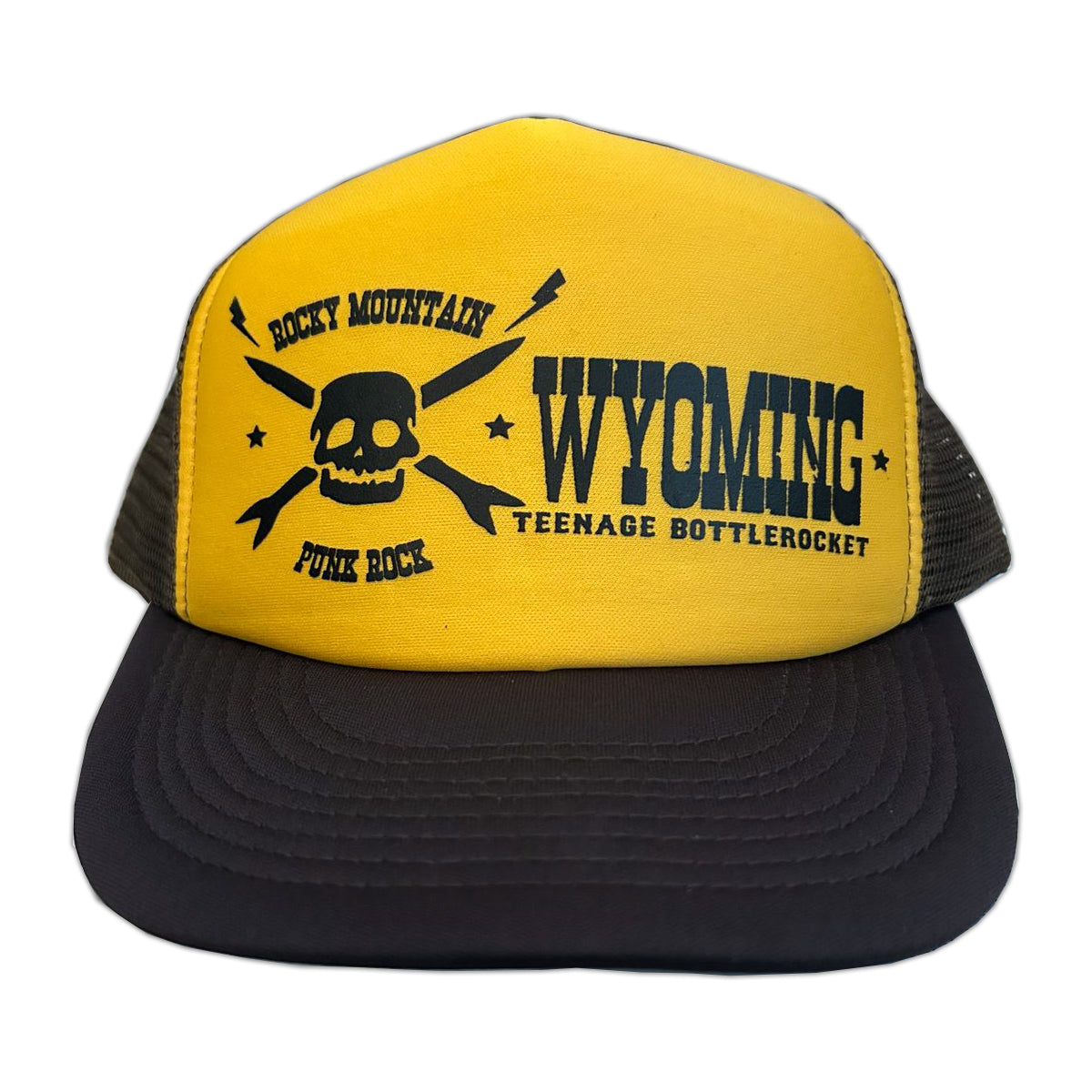 A yellow and black mesh hat by Teenage Bottlerocket featuring a skull and crossbones with “ROCKY MOUNTAIN PUNK ROCK” and “WYOMING TEENAGE BOTTLEROCKET” printed on the front.