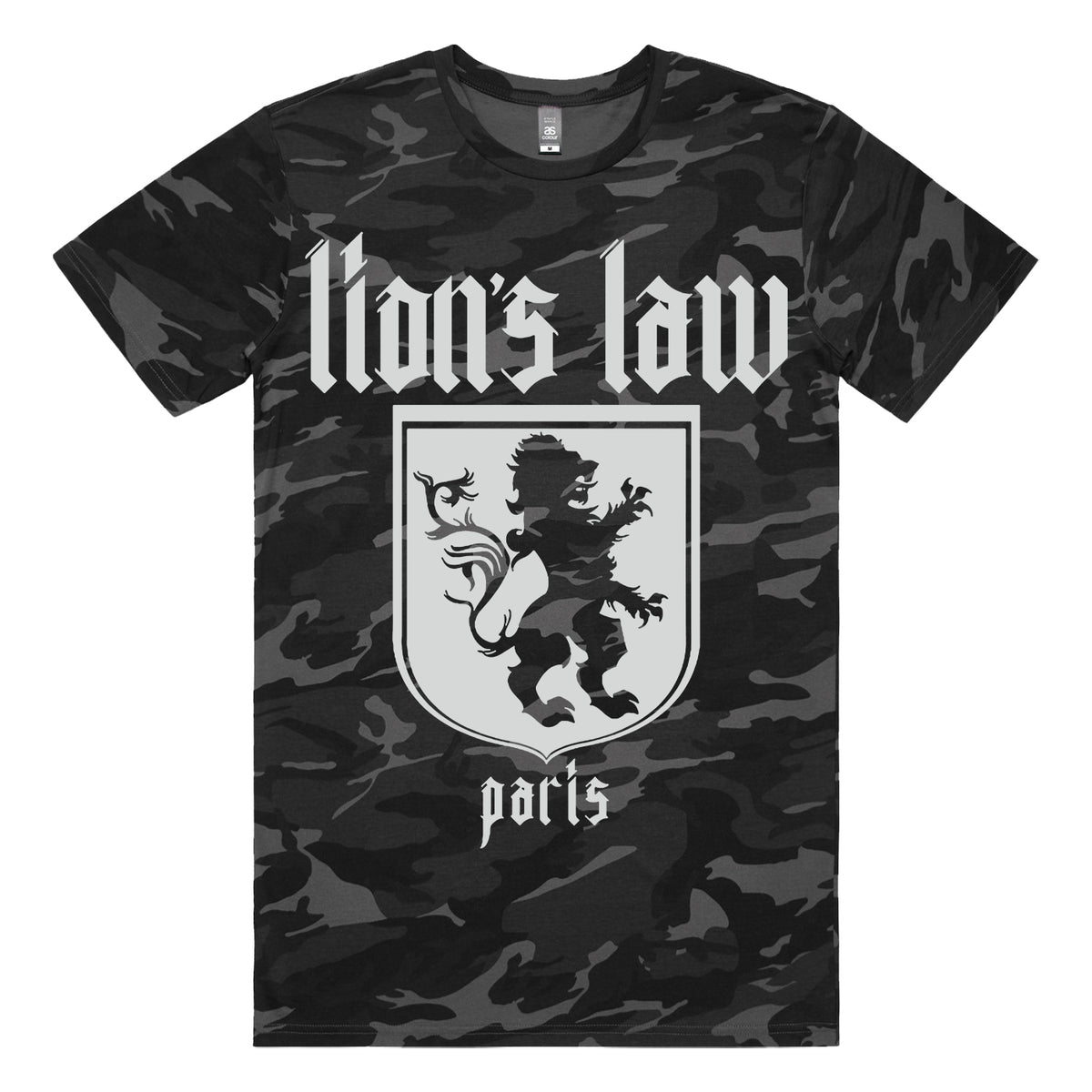 A Black Camo T-Shirt by Lion's Law featuring their name in bold gothic letters above a shield with a lion emblem, and "Paris" below.
