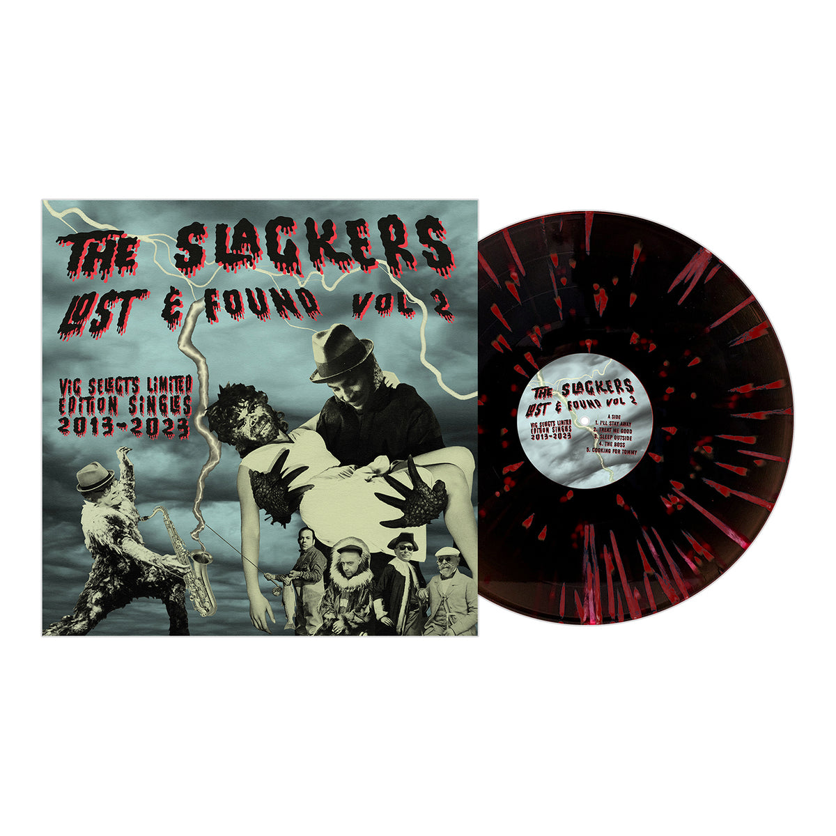 The Slackers Lost &amp; Found Vol. 2 features a black vinyl with red splatter and an album cover of surreal black-and-white figures, red lightning, and bold distressed red and black text, reflecting ska reggae rarities.