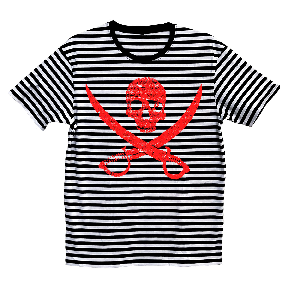 This black and white striped shirt from Pirates Press Records features a bold red Pirate logo with a skull and crossed swords on the chest, perfect for adding pirate-inspired flair to your style.