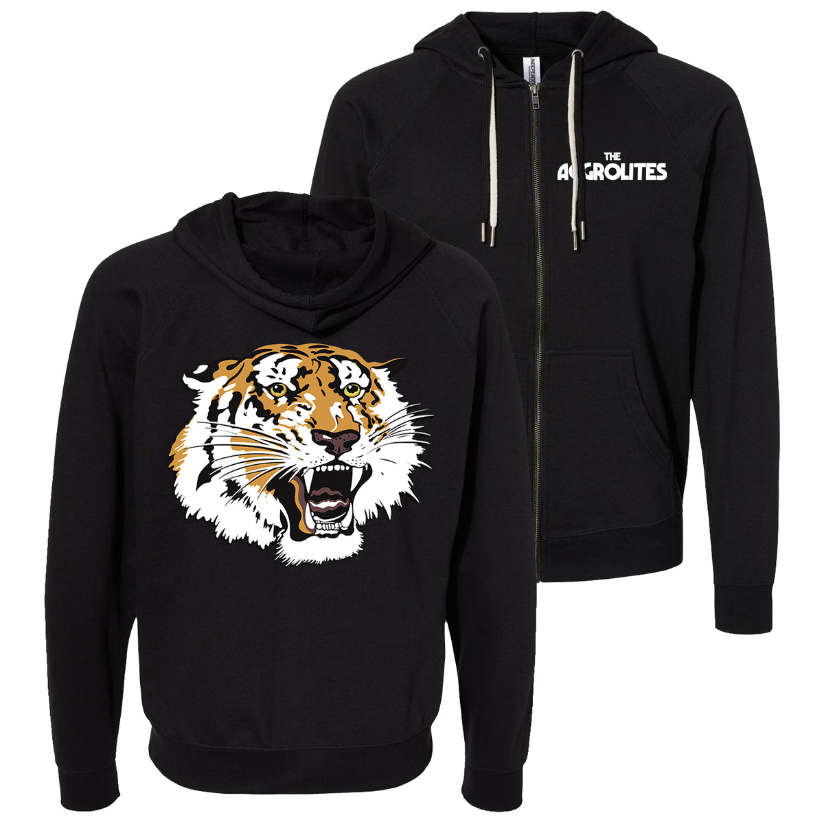 Two black The Aggrolites hoodies: one is a heavyweight pullover with a large roaring tiger graphic; the other, an Independent Trading Co. full-zip with a small white logo on the chest. Both include drawstrings and front pockets.