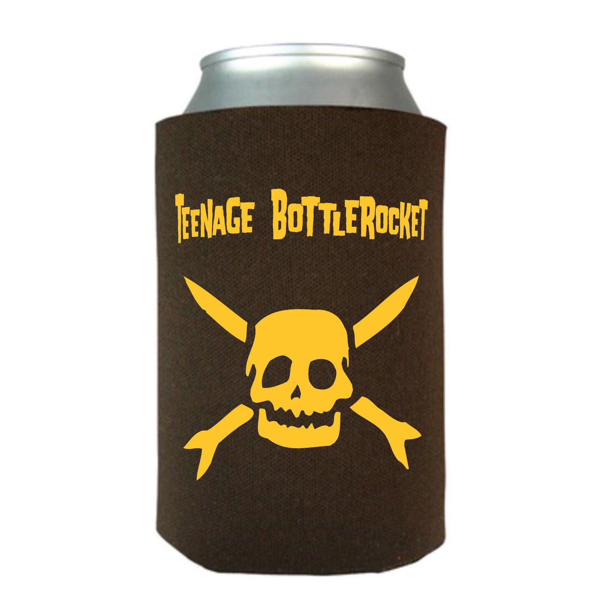 A can wrapped in a black koozy with Teenage Bottlerockets logo: yellow band name above a yellow skull and lightning bolt crossbones.